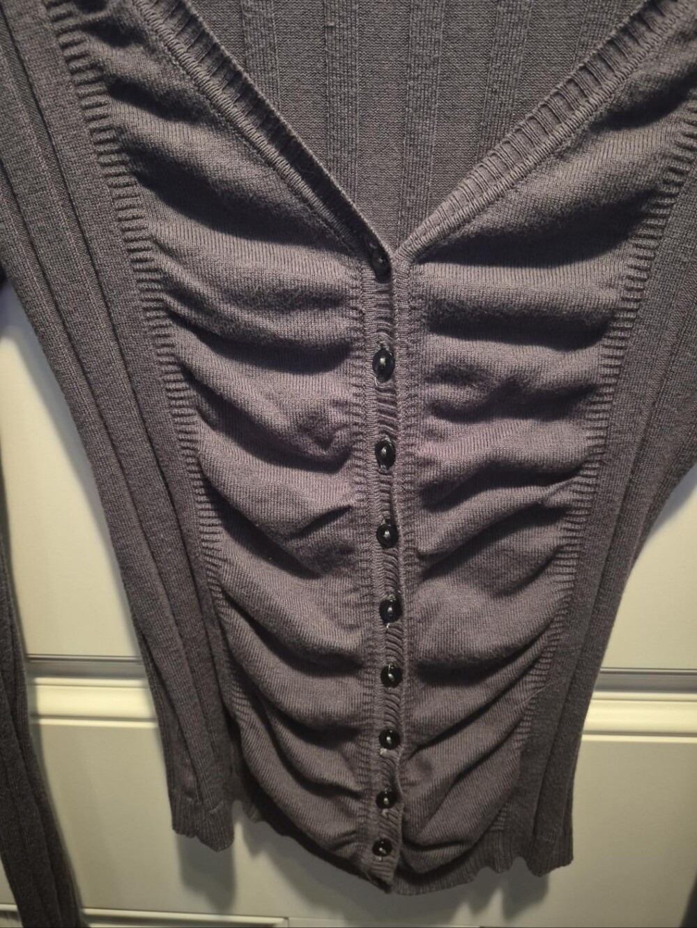 Say What? Olive Ribbed Ruched Button-Front Long Sleeve Top - Picture 3 of 7